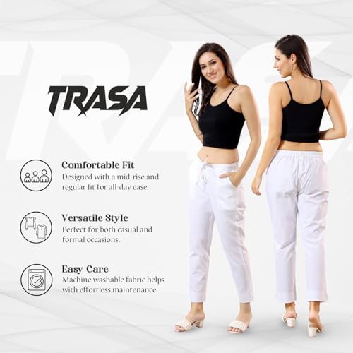 TRASA Ultra Soft Cotton Mid Rise Regular and Plus 8 Colour Cotton Pants for Womens and Girls, White - 3XL - Image 2