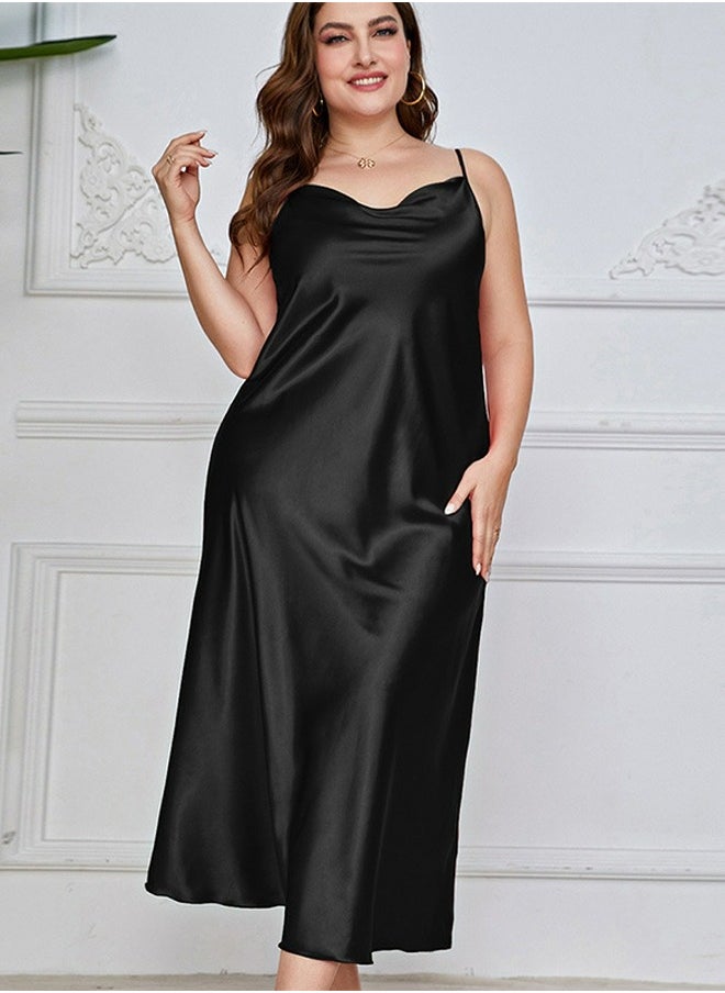Loquat Women's Imitation Silk Large Size Solid Color Nightgown Slip Dress With Adjustable Strap Soft Loungewear Homewear Black  - Image 1
