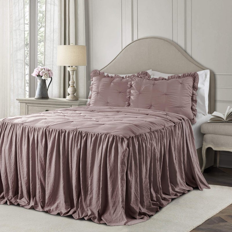 Lush Decor Ravello Pintuck Ruffle Skirt Bedspread Set - Luxe 3 Piece Ruffled Bedding Set - Traditional Glam & Farmhouse Inspired Bedroom Decor - King, Woodrose - Image 1