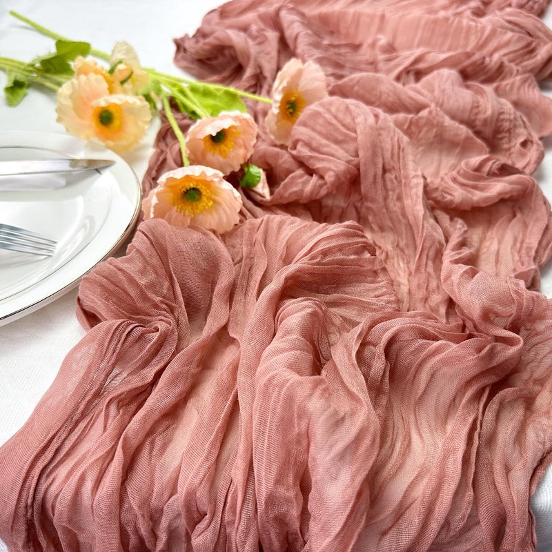 Booque Valley Dusty Blush Cheesecloth Table Runner 10ft Super Soft Boho Wrinkled Gauze Sheer Cloth for Baby Shower Baptism Birthday Party Wedding Centerpiece Table Decoration 35x120 Inch