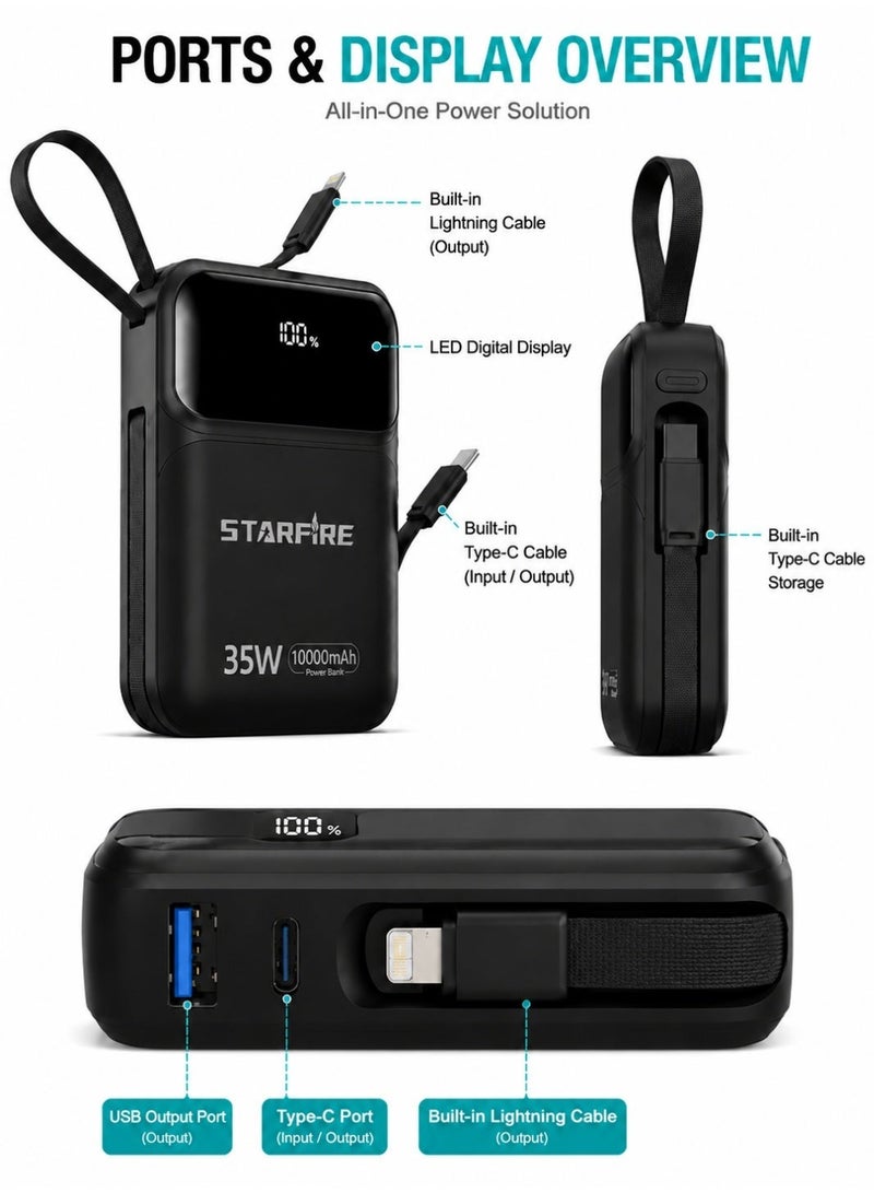 Starfire 10000mAh Power Bank with 35W PD Fast Charging, Built-in Type-C & Lightning Cables, LED Digital Display, USB Output Portable Charger Battery Pack for iPhone, Samsung Galaxy, Android Phones, Tablets & Travel - Image 2