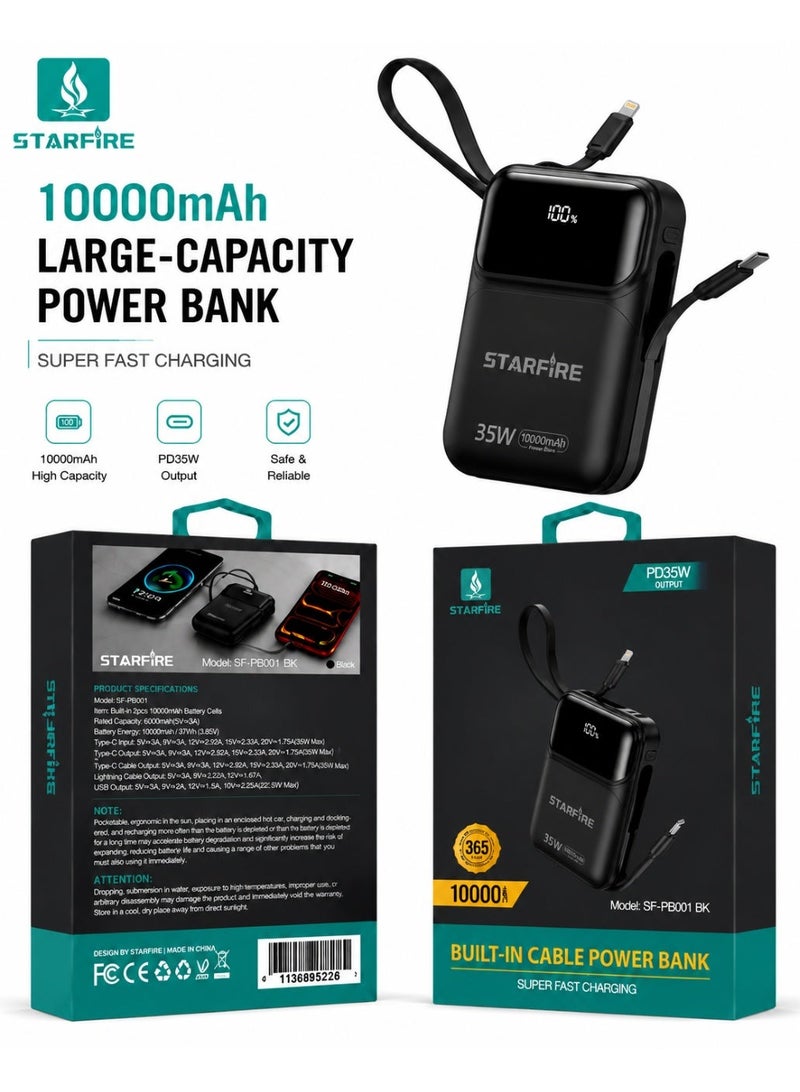 Starfire 10000mAh Power Bank with 35W PD Fast Charging, Built-in Type-C & Lightning Cables, LED Digital Display, USB Output Portable Charger Battery Pack for iPhone, Samsung Galaxy, Android Phones, Tablets & Travel - Image 1