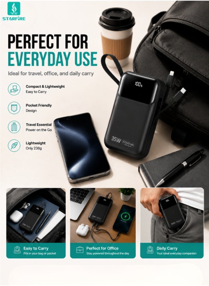 Starfire 10000mAh Power Bank with 35W PD Fast Charging, Built-in Type-C & Lightning Cables, LED Digital Display, USB Output Portable Charger Battery Pack for iPhone, Samsung Galaxy, Android Phones, Tablets & Travel - Image 3