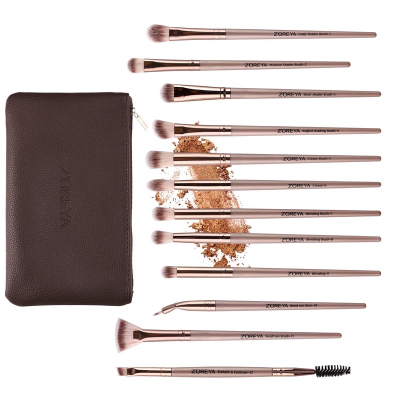 Z'OREYA Eye Makeup Brushes, 12 Pcs Professional Eye Brush Set Eyeshadow, Eyebrow, Blending, Fan, Eyelash Brush Set With Carrying Bag(Champagne Gold) - Image 4