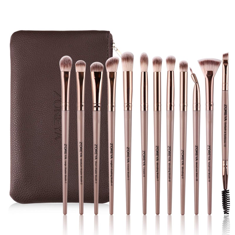 Z'OREYA Eye Makeup Brushes, 12 Pcs Professional Eye Brush Set Eyeshadow, Eyebrow, Blending, Fan, Eyelash Brush Set With Carrying Bag(Champagne Gold) - Image 1