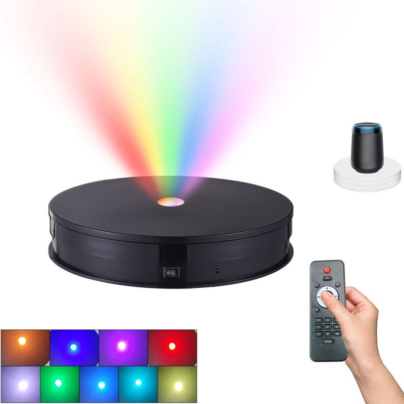 25cm/ 10 Inch Motorized Rotating Display Stand with RGB Light 360° Rotating Electric Potography Turntable for Products Display Live Video Show 10kg Load Capacity Low Noise with Remote Control Black - Image 1