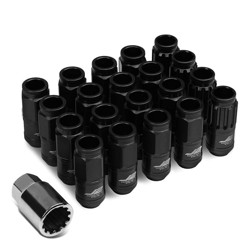 J2 Engineering 16Pcs 7075 Aluminum Open End M12 x 15 Lug Nuts w4Pcs Lock Nuts Key Black Fit Conical Seat LNT700215BK