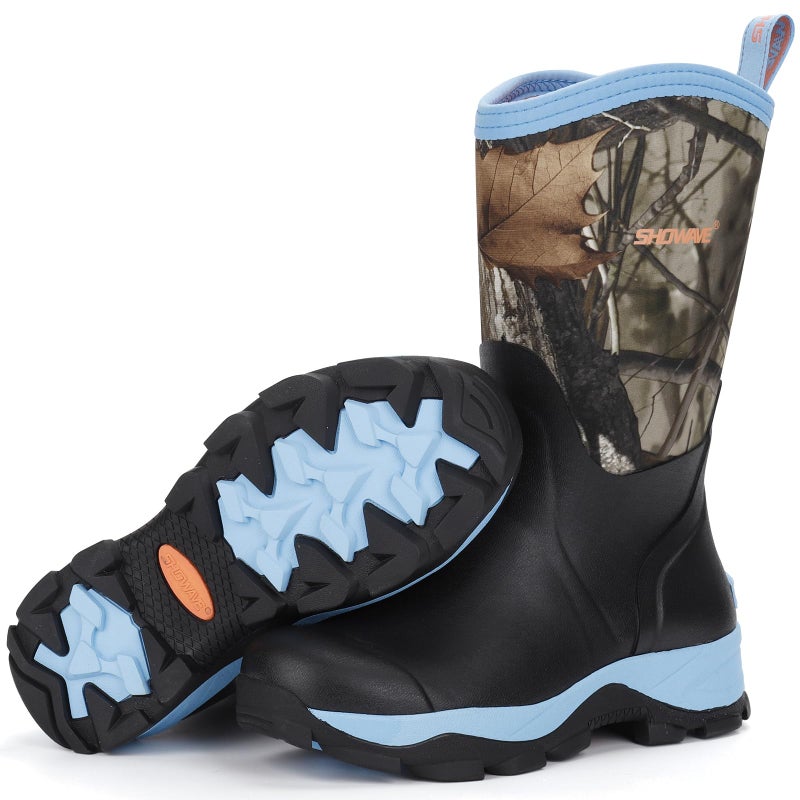 Showave Rubber Boots for Women Mid Calf Rain Boots Women Insulated Garden Boot Waterproof Durable Mud Boot for Hunting Farming Working(Camo Blue,Size 9) - Image 1