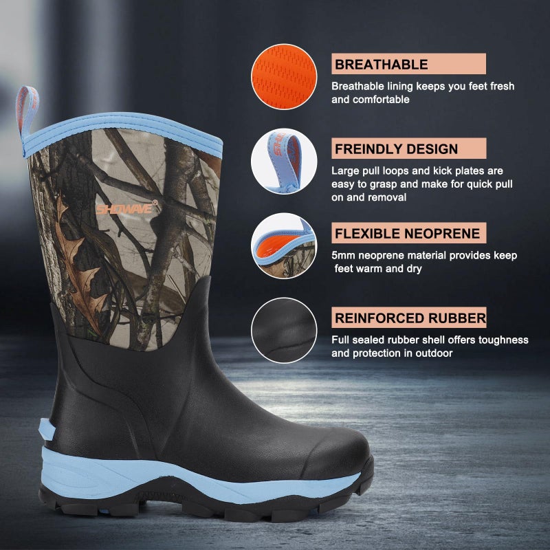 Showave Rubber Boots for Women Mid Calf Rain Boots Women Insulated Garden Boot Waterproof Durable Mud Boot for Hunting Farming Working(Camo Blue,Size 9) - Image 4