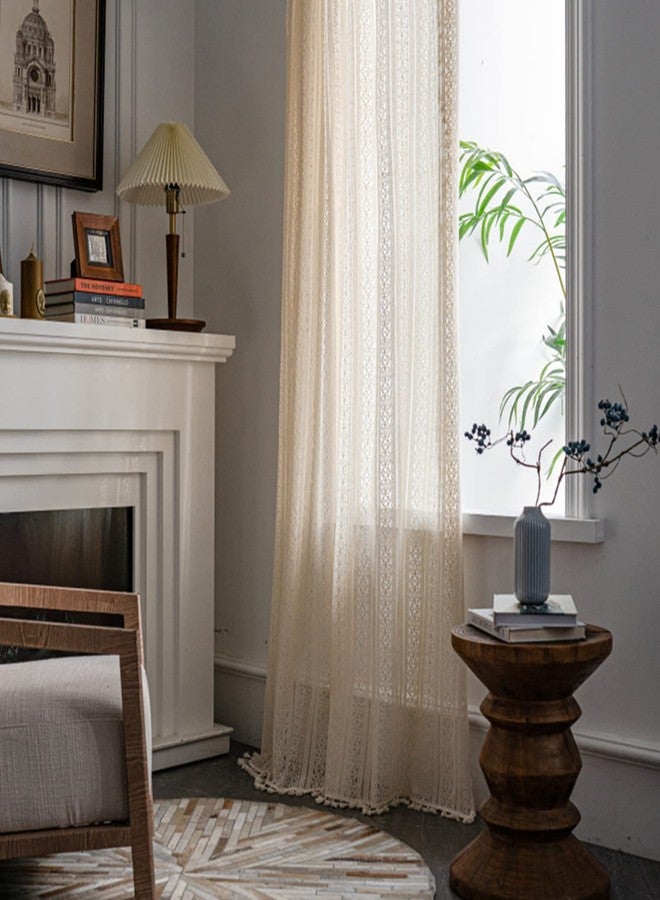 Sutuo Home ستائر Sutuo Home بيج بوهو، مزينة بدانتيل كروشيه، شبه شفافة، بنقوش زهور محبوكة يدوياً، مع شرابات، وجيب للعمود، بنمط ريفي، لوحة واحدة، عرض 59 بوصة × طول 63 بوصة - Image 2