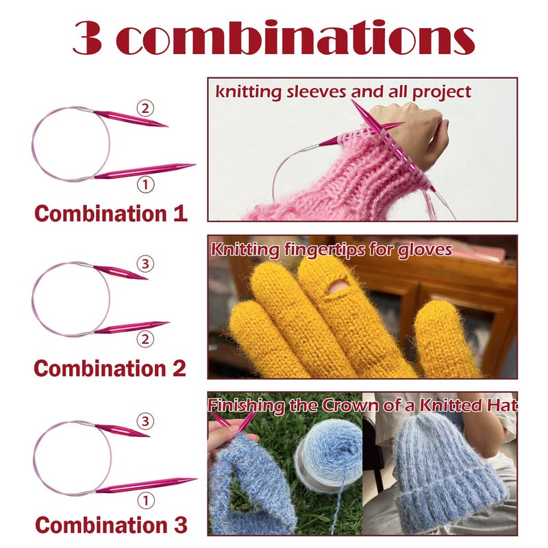 Lewhoo Circular Knitting Needles Set with Case,11 Pairs Interchangeable Aluminum Circle Needles with 5 Cables 3.0~8.0mm Multicolored - Image 3