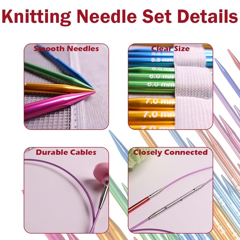 Lewhoo Circular Knitting Needles Set with Case,11 Pairs Interchangeable Aluminum Circle Needles with 5 Cables 3.0~8.0mm Multicolored - Image 2