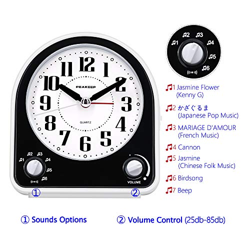 Peakeep Analog Alarm Clock Non-Ticking Silent, Optional 7 Wake-up Sounds with Volume Control, Nightlight and Snooze, AA Battery Operated (Black) - Image 2