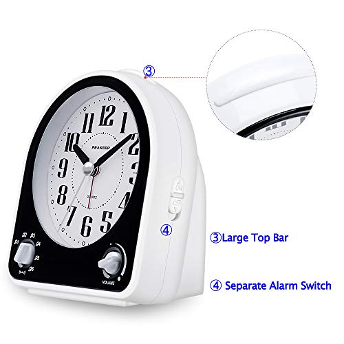 Peakeep Analog Alarm Clock Non-Ticking Silent, Optional 7 Wake-up Sounds with Volume Control, Nightlight and Snooze, AA Battery Operated (Black) - Image 3