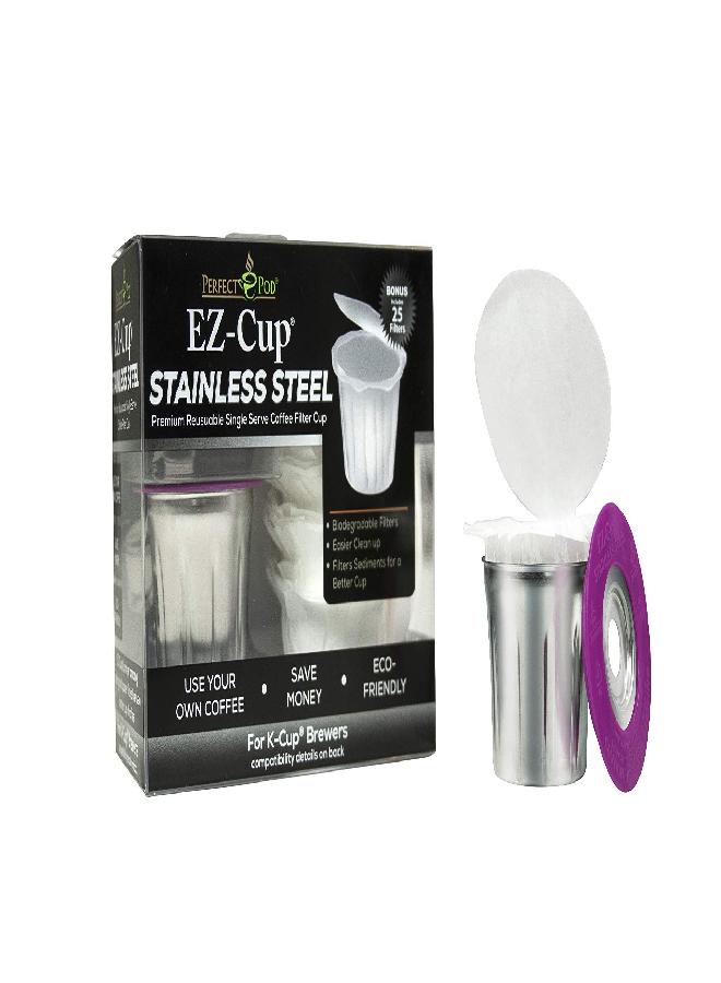 Perfect Pod EZ-Cup Stainless Steel Reusable K Cup Coffee Pod + 25 Disposable Paper Filters - Refillable Capsule Compatible with Keurig 1.0 2.0 K-Slim K-Mini Plus K-Duo K-Series & Other Select Models - Image 1