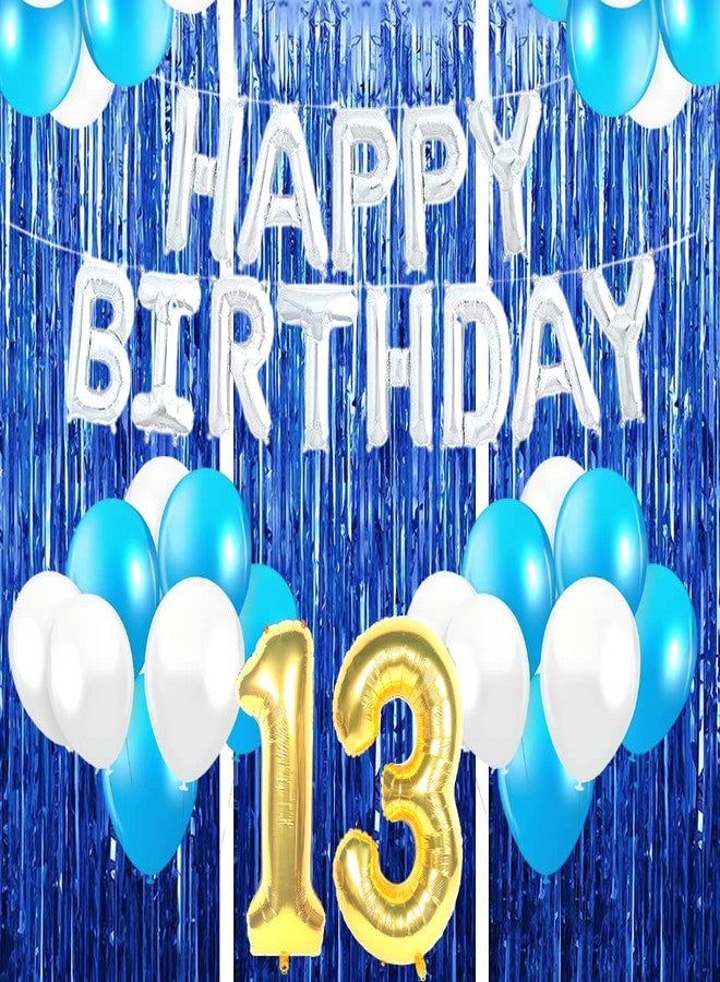 Flyloons 13th Birthday Decoration items for Girls with Blue and White Balloons, Silver Happy Birthday Banner, Blue Foil curtains, Foil Balloon number 13