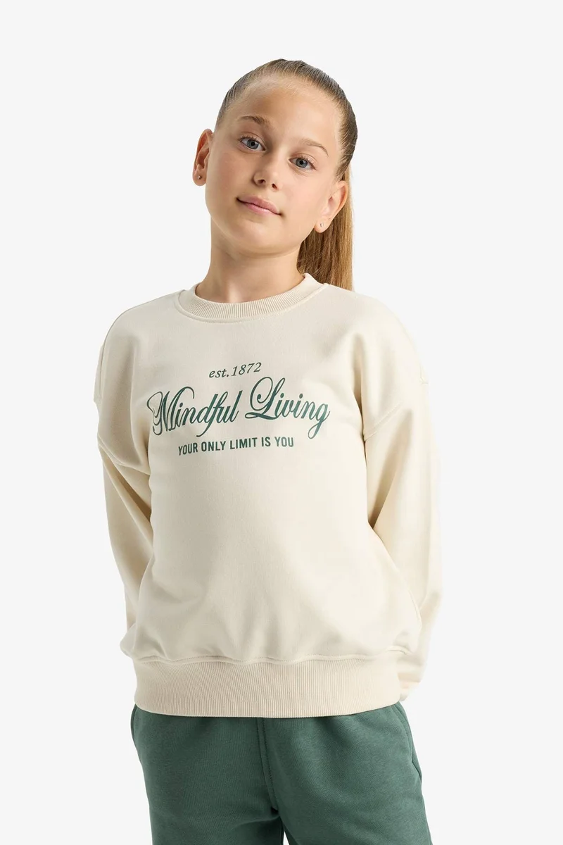 ديفاكتو Girl Relax Fit Crew Neck Printed Sweatshirt