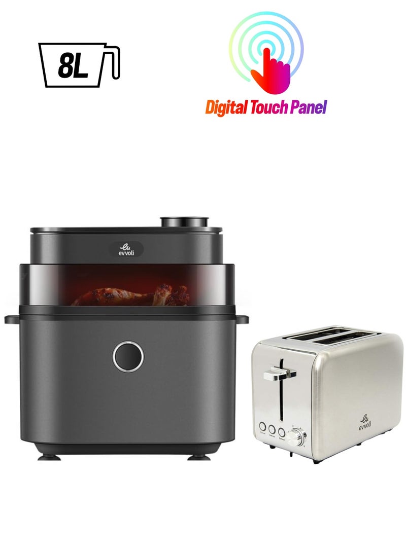 evvoli Air Fryer 8L Digital control with 8 Preset Programs and Toaster 2 Slices, Stainless Steel Bundle 8 L 950 W EVKA-AF8008D + EVKA-TO7HS ) Black/White - Image 1
