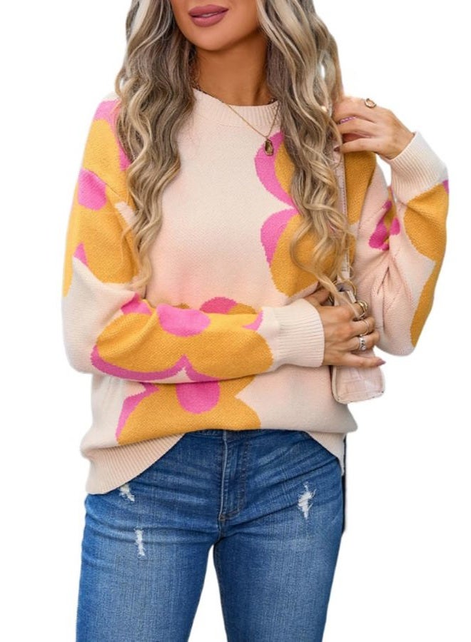 Sumleno Womens Cute Color Block Flower Pattern Sweaters Crewneck Pullover Tops Kawaii Aesthetic Fall Winter Knitwear (L,Beige) - Image 1