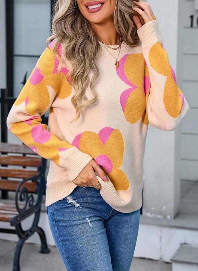 Sumleno Womens Cute Color Block Flower Pattern Sweaters Crewneck Pullover Tops Kawaii Aesthetic Fall Winter Knitwear (L,Beige) - Image 4