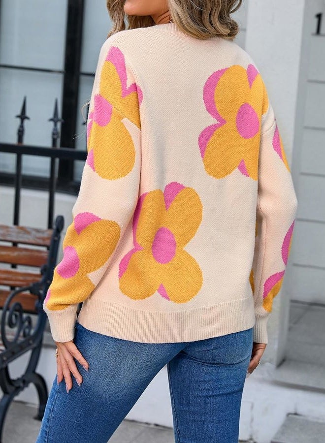 Sumleno Womens Cute Color Block Flower Pattern Sweaters Crewneck Pullover Tops Kawaii Aesthetic Fall Winter Knitwear (L,Beige) - Image 5