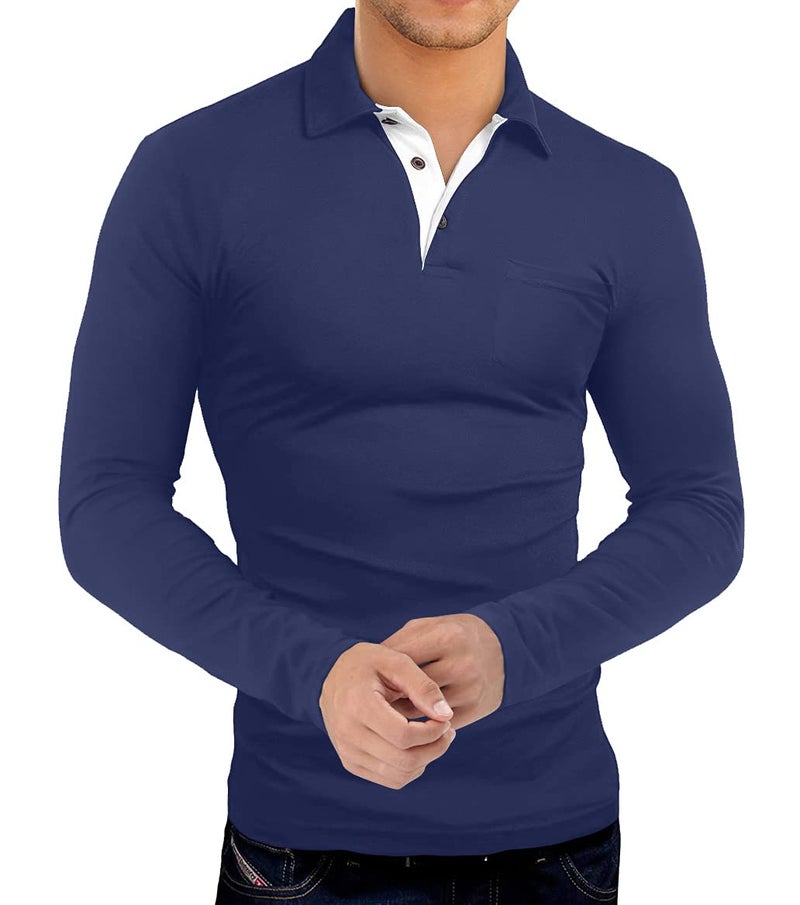 KUYIGO Men's Classic Fit Long Sleeve Solid Soft Cotton Polo Shirt Collared Button Henley Tops with Pocket Medium Navy - Image 2