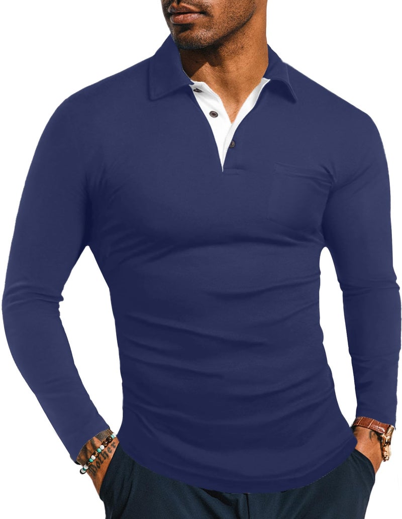 KUYIGO Men's Classic Fit Long Sleeve Solid Soft Cotton Polo Shirt Collared Button Henley Tops with Pocket Medium Navy - Image 1