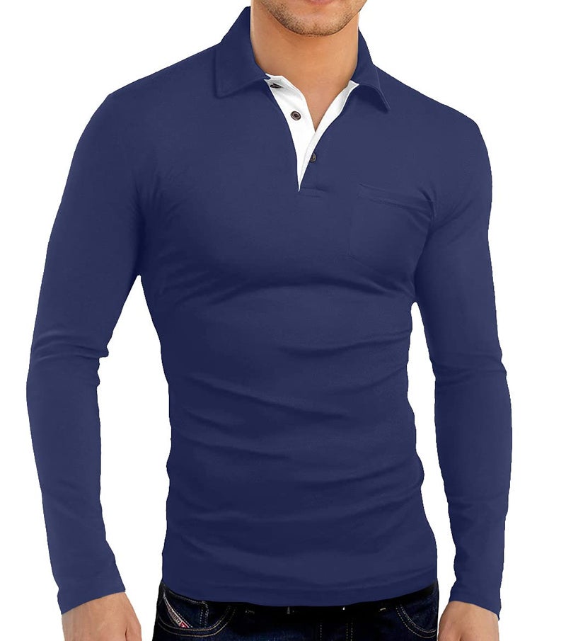 KUYIGO Men's Classic Fit Long Sleeve Solid Soft Cotton Polo Shirt Collared Button Henley Tops with Pocket Medium Navy - Image 3