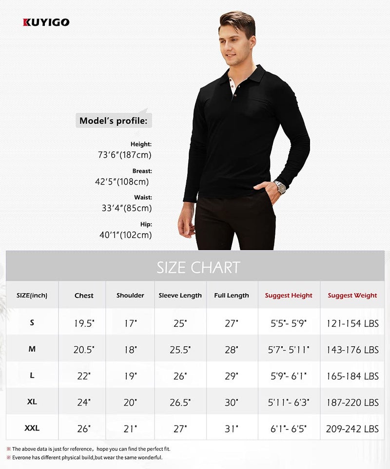 KUYIGO Men's Classic Fit Long Sleeve Solid Soft Cotton Polo Shirt Collared Button Henley Tops with Pocket Medium Navy - Image 5