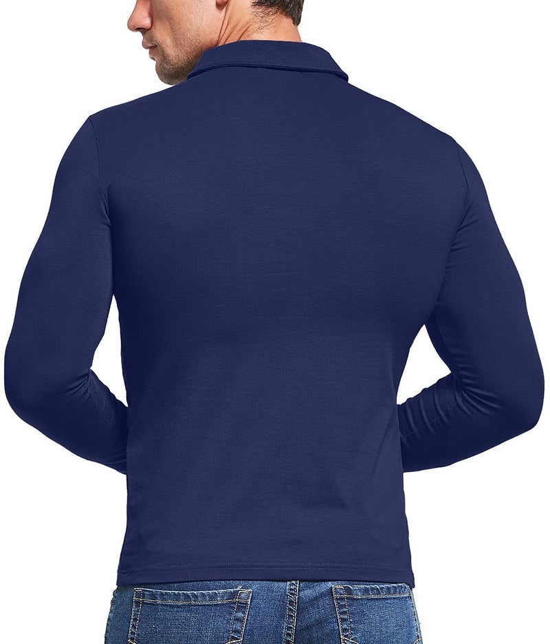 KUYIGO Men's Classic Fit Long Sleeve Solid Soft Cotton Polo Shirt Collared Button Henley Tops with Pocket Medium Navy - Image 4