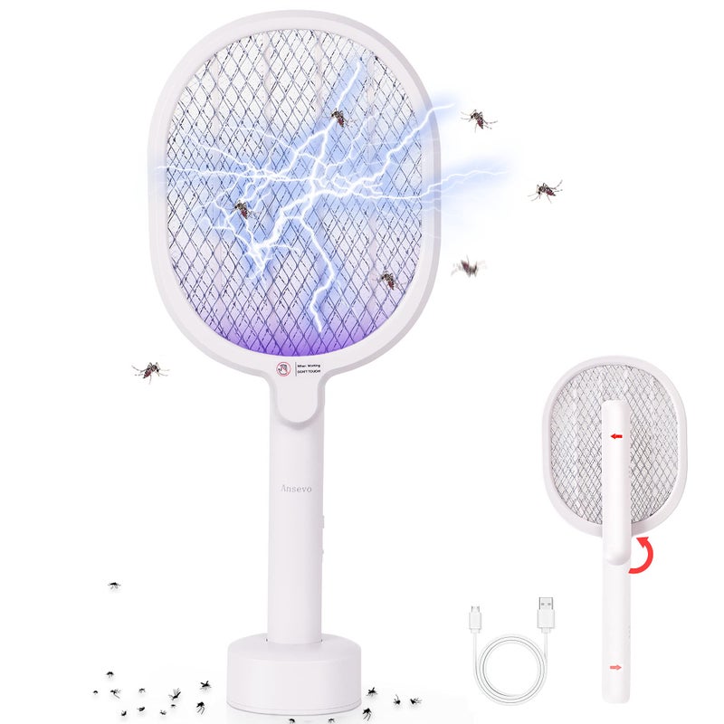 Ansevo Electric Fly Swatter Electric Mosquito Swatter with Rotatable Handle, Handheld Rechargeable Bug Zapper with Bright LED Light, with Detachable Base for Home, Indoor&Outdoor (White) - Image 1
