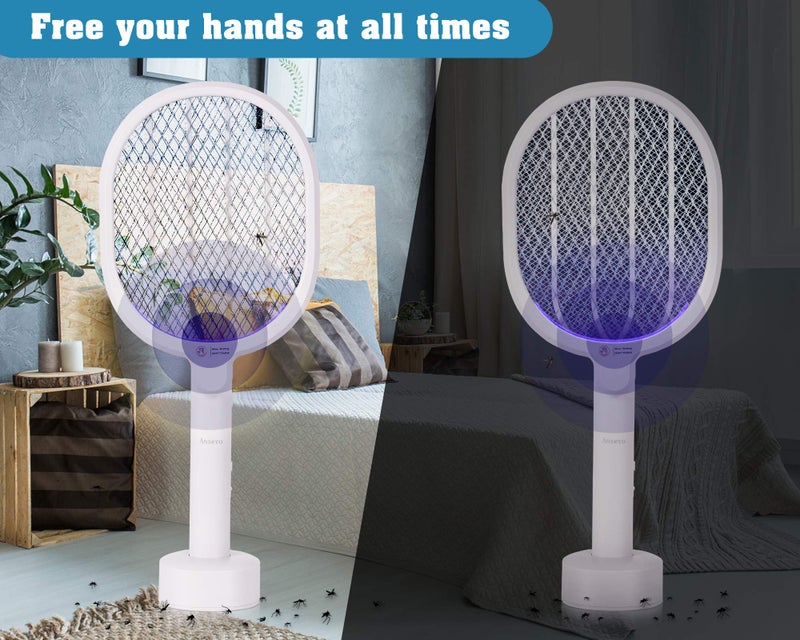 Ansevo Electric Fly Swatter Electric Mosquito Swatter with Rotatable Handle, Handheld Rechargeable Bug Zapper with Bright LED Light, with Detachable Base for Home, Indoor&Outdoor (White) - Image 4
