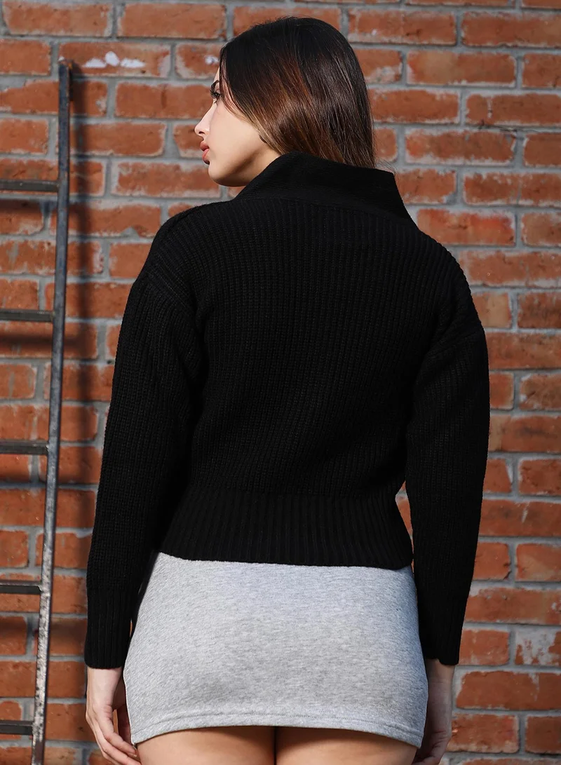 Pinacolada  Women's Obsidian Black Ribbed Cropped Cardigan for Women | Best Price UAE