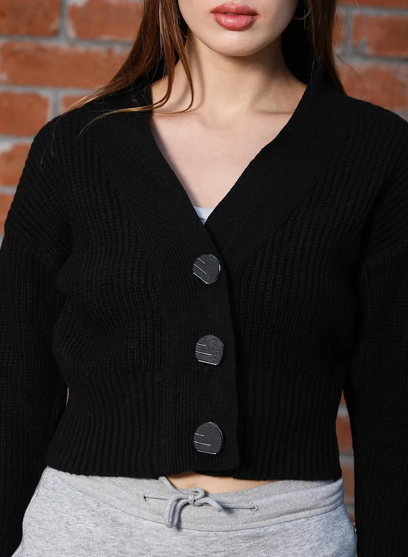 Pinacolada  Women's Obsidian Black Ribbed Cropped Cardigan for Women | Best Price UAE