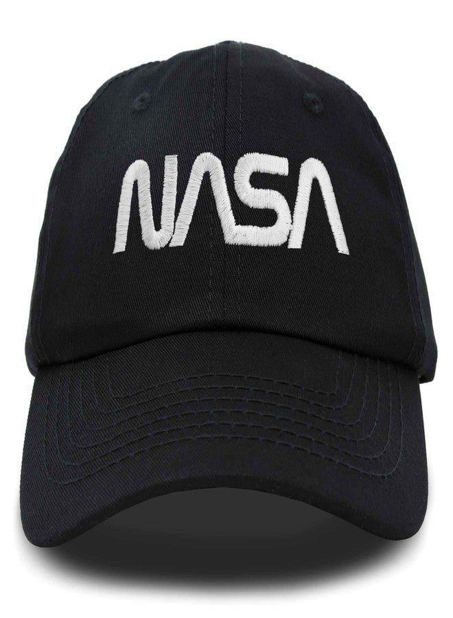 DALIX NASA White Worm Hat Soft Baseball Cap Embroidered in Black - Image 1