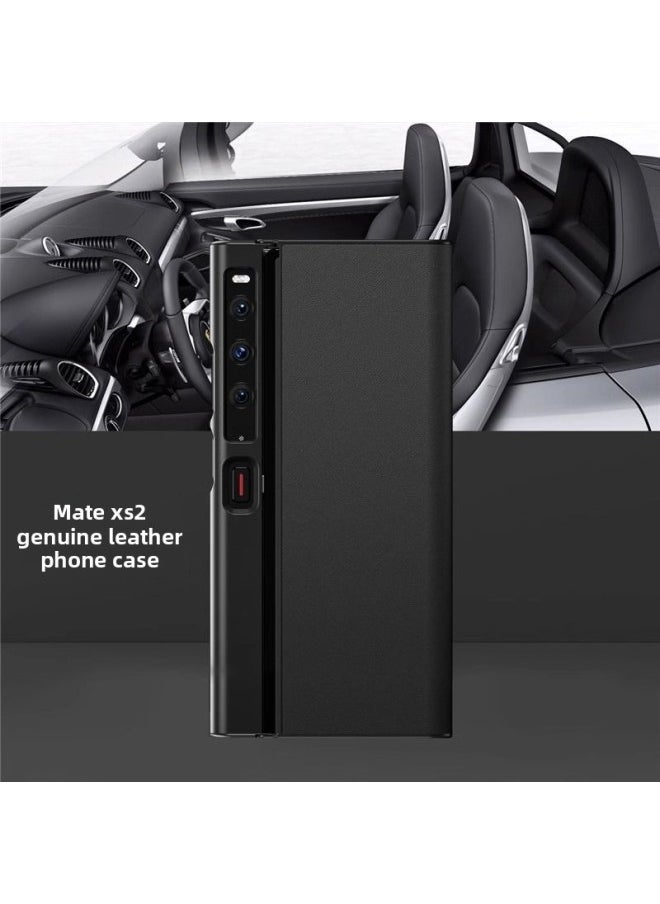 For Glory V Purse Phone Case Folding Screen Bracket VPurse Real Layer Cowhide Fur Men's Style-Color:[real Head Layer Kraft Skin Black]]-Applicable Model:For Huawei MateXs2(BX)