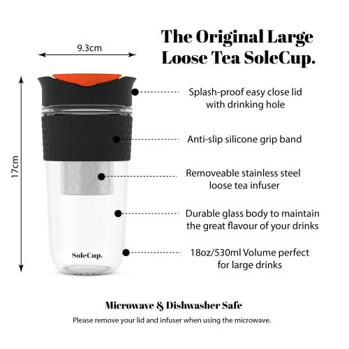 SoleCup. Large Travel Mug Loose Tea Infuser - Detachable Tea Strainer with Spill Proof Lid - 18oz/530ml BPA-Free Reusable Glass Travel Coffee Cup with Silicone Band (Black, 18oz) - Image 2