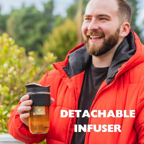 SoleCup. Large Travel Mug Loose Tea Infuser - Detachable Tea Strainer with Spill Proof Lid - 18oz/530ml BPA-Free Reusable Glass Travel Coffee Cup with Silicone Band (Black, 18oz) - Image 3