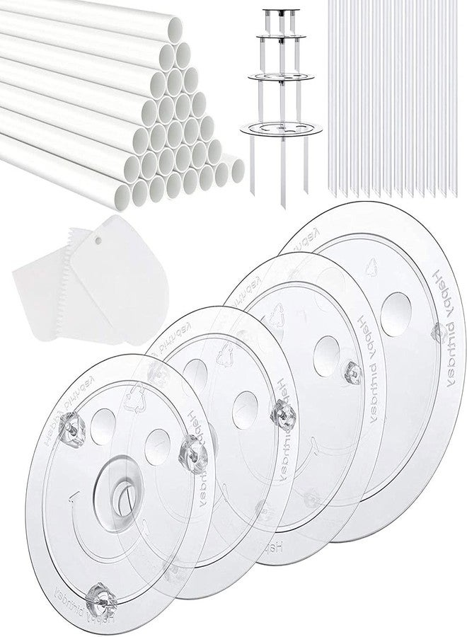 Jtuxcke 20 Plastic Cake Sticks Support Rods and 12 Clear Cake Stacking Dowels with 4 Cake Separator Board for 4, 6, 8, 10 Inch Cakes and 3 Pieces Cake Scrapers-Plastic Cake Dowel Rods Set - Image 1