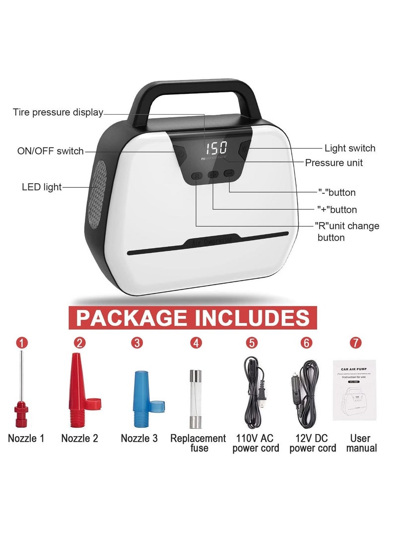 KASTWAVE Portable Air Compressor for Car Tires, Electric Air Pump for Bike and Other Inflatables at Home, Dual Powerful Motors Wheel Tire Inflators with Digital Pressure Gauge (LED Light) - Image 2