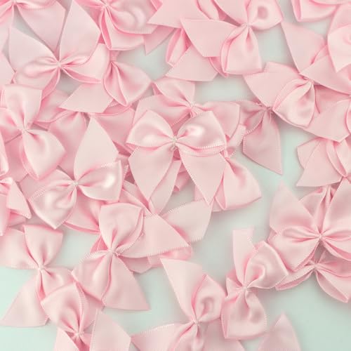 7Rainbows 50pcs Boutique Mini Pink Satin Ribbon Bows Flowers Appliques DIY Craft for Sewing Scrapbooking Wedding and Gift - Image 2