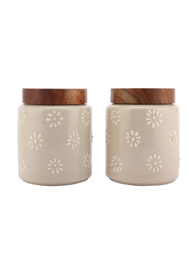 miah decor Ceramic Food Storage Jar Ivory Canister wooden Lid with Airtight Silicone Seal, Perfect for Tea, Coffee, Spices or Snacks-Set of 2 - Image 1