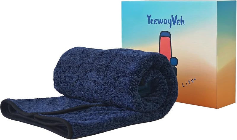 YeewayVeh مناشف ��جفيف السيارات Long-Reach Pro، مقاس 48x32 بوصة، مناشف فائقة الامتصاص كبيرة الحجم، 1200 GSM حلقات ملتوية، ألياف دقيقة أحادية الجانب خالية من الخطوط لتجفيف السيارات وسيارات الدفع الرباعي والشاحنات (أزرق داكن) - Image 1
