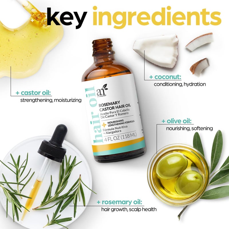 artnaturals مجموعة زيت نمو الشعر العضوي من آرت ناتشورالز مع إكليل الجبل وزيت الخروع + جهاز تدليك فروة الرأس – زيوت تصفيف الشعر لفروة الرأس الجافة والحكة، تكثيف وترطيب - منتجات زيت فروة الرأس للشعر التالف والأطراف المتقصفة – 4.0 أونصة - Image 5