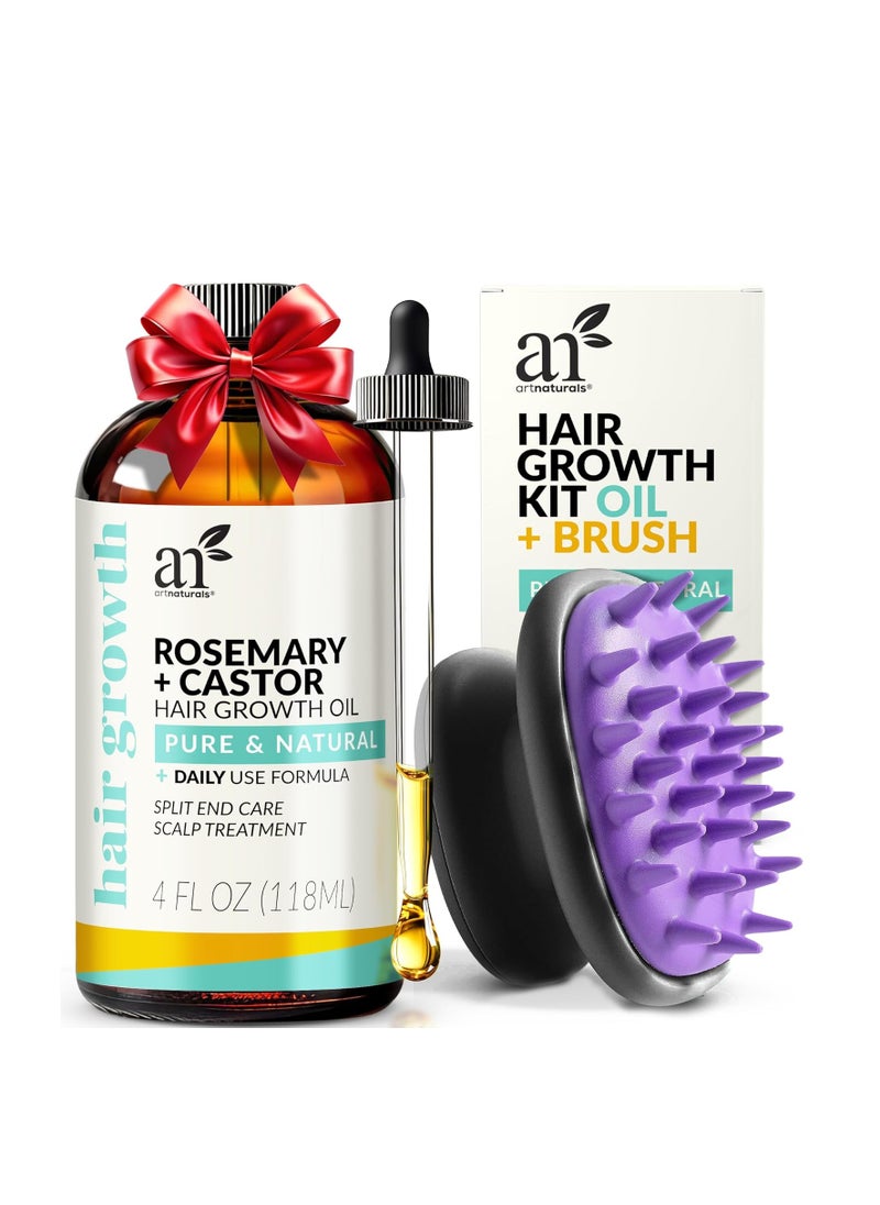 artnaturals Artnaturals Organic Rosemary Castor Hair Oil + Massager Hair Growth Set Hair Growth Oil 4 ounces with Coconut & Olive Oil for Dry, Damaged & Split End  - Image 1