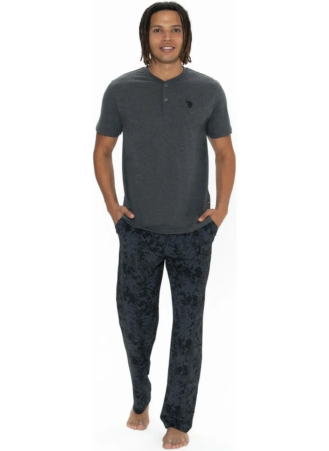 U.S. Polo Assn. 18914 Men's Short Sleeve Buttoned Collar 3-Piece Pajama Set-Anthracite Melange