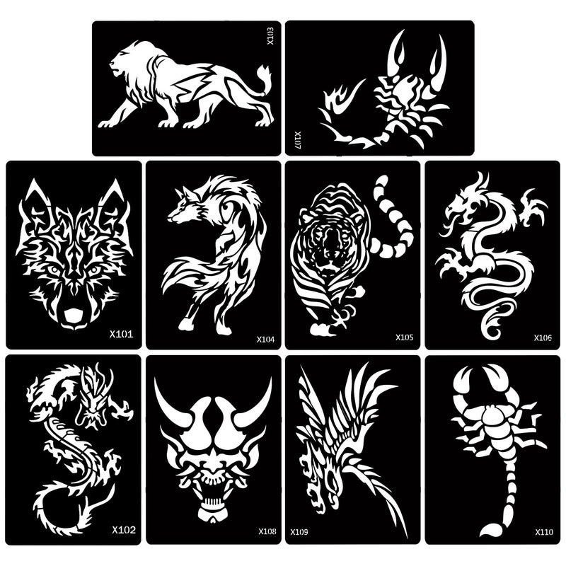 Kotbs 5 Sheets Henna Tattoo Stencil Kit Animals Pattern 10pcs Large Tiger Dragon Wolf Eagle Scorpion Temporary Glitter Airbrush Tattoo Stencils Tattoo Stickers for Body Arm Leg Paint Body Art