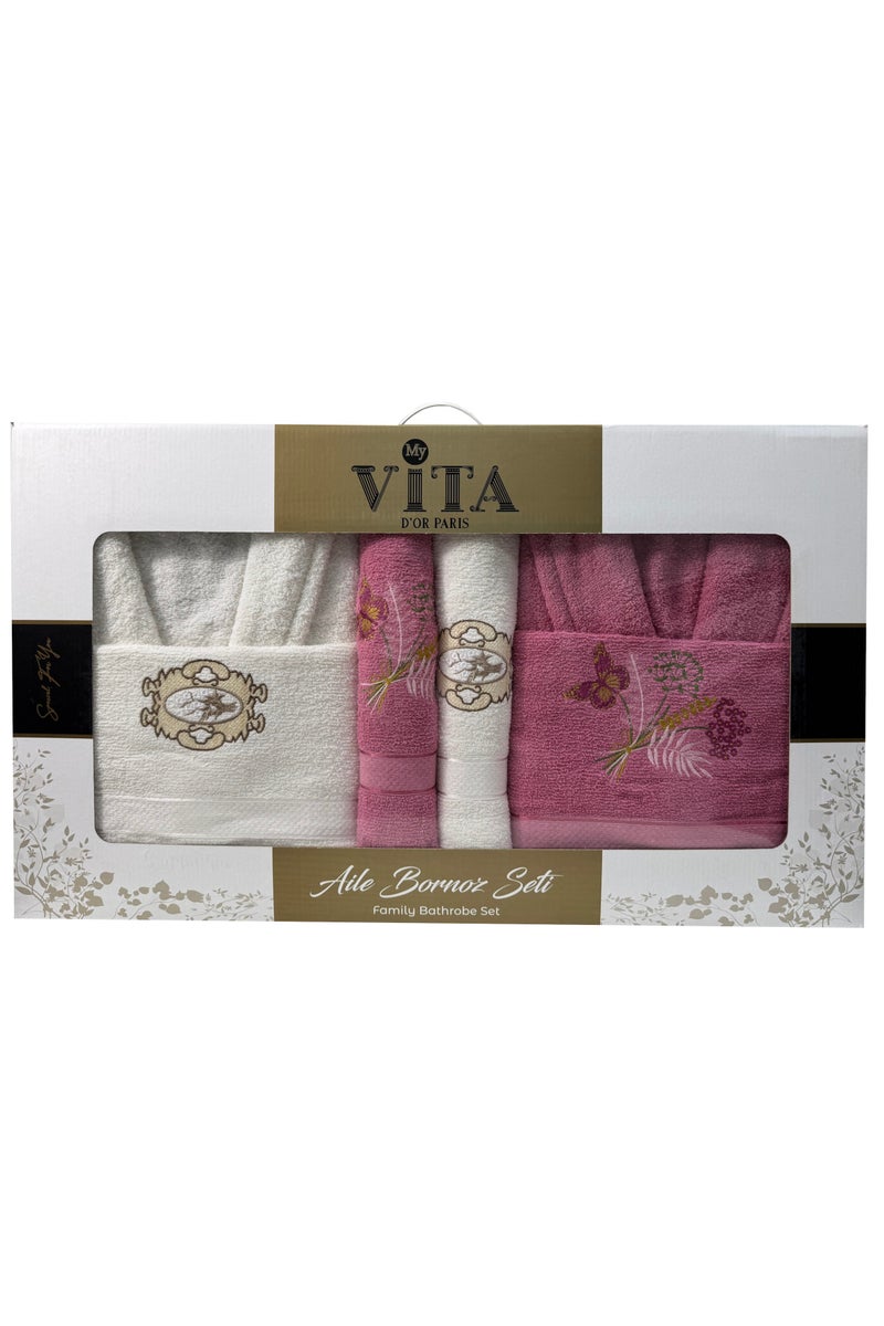My VITA 6-Piece Turkish Terry Cotton Couple Bathrobe Set with Matching Bath Towels and Hand Towels with Gift Box Pink/Off White  - Image 2