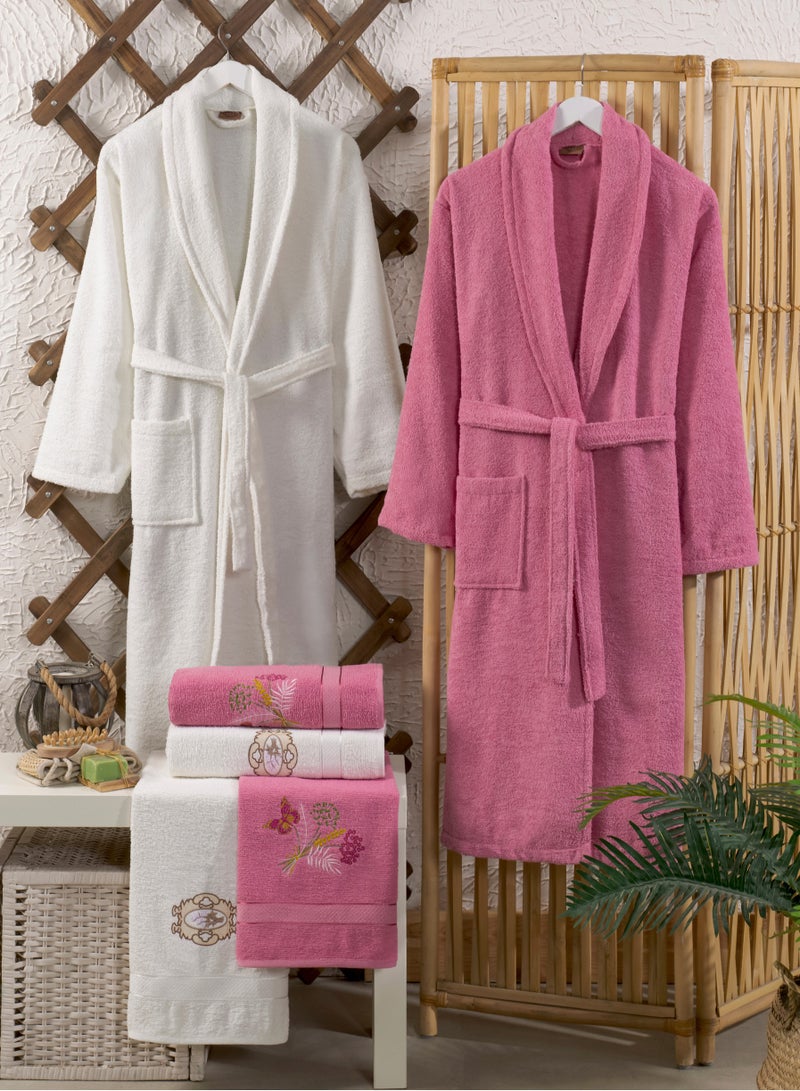 My VITA 6-Piece Turkish Terry Cotton Couple Bathrobe Set with Matching Bath Towels and Hand Towels with Gift Box Pink/Off White - Image 1