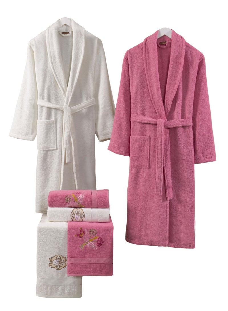My VITA 6-Piece Turkish Terry Cotton Couple Bathrobe Set with Matching Bath Towels and Hand Towels with Gift Box Pink/Off White - Image 5